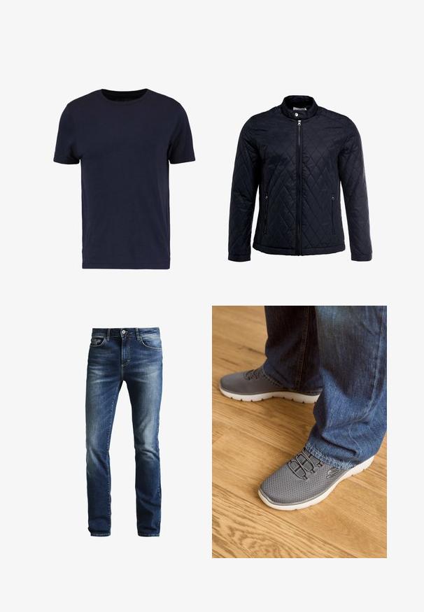 Zwarte gevoerde jas met een opstaande kraag, volledige ritssluiting aan de voorkant en twee zijzakken. Gemaakt van gladde, lichte stof met een ruitpatroon.; Pier One T-shirt basic - dark blue; Donkerblauwe denimjeans met een vervaagde wassing, rechte pijpen, vijf zakken en een zilveren knoopsluiting. Voorzien van contrasterend stiksel.; Grijze sportschoenen met een bovenwerk van gaas, witte zool en elastische veters. Gecombineerd met blauwe denim jeans, op een houten vloer.