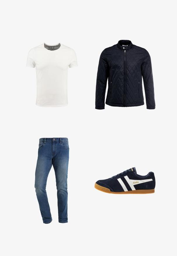 Zwarte gevoerde jas met een opstaande kraag, volledige ritssluiting aan de voorkant en twee zijzakken. Gemaakt van gladde, lichte stof met een ruitpatroon.; Witte katoenen t-shirt met een ronde halslijn en korte mouwen, voorzien van een eenvoudige ontwerpen en een zachte textuur. Labels zichtbaar in het kraaggebied.; Donkerblauwe denim jeans, slim fit ontwerp, vijfzakkenstijl, met een zichtbare knoop en ritssluiting, voorzien van lichte vervaging aan de voorkant.; Gola sneakers met een marineblauwe bovenkant van suede, witte strepen en een gouden logo; gumrubberen outsole met een textuur voor grip.