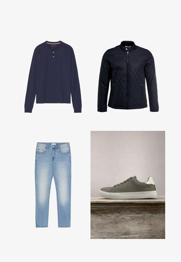Chaqueta negra acolchada con cuello alto, cierre frontal completo y dos bolsillos laterales. Fabricada en una tela suave y liviana con un patrón de diamantes.; Camiseta henley de manga larga azul marino con escote redondeado, tapeta con dos botones y puños acanalados. Textura suave, diseño casual.; Vaqueros de denim azul claro con ajuste regular, diseño de cinco bolsillos, ligeros desgastados en la parte delantera y acabado de pierna recta.; Zapatilla gris con parte superior lisa, detalles blancos y suela de goma. Cuenta con un diseño clásico de cordones y una puntera texturizada.
