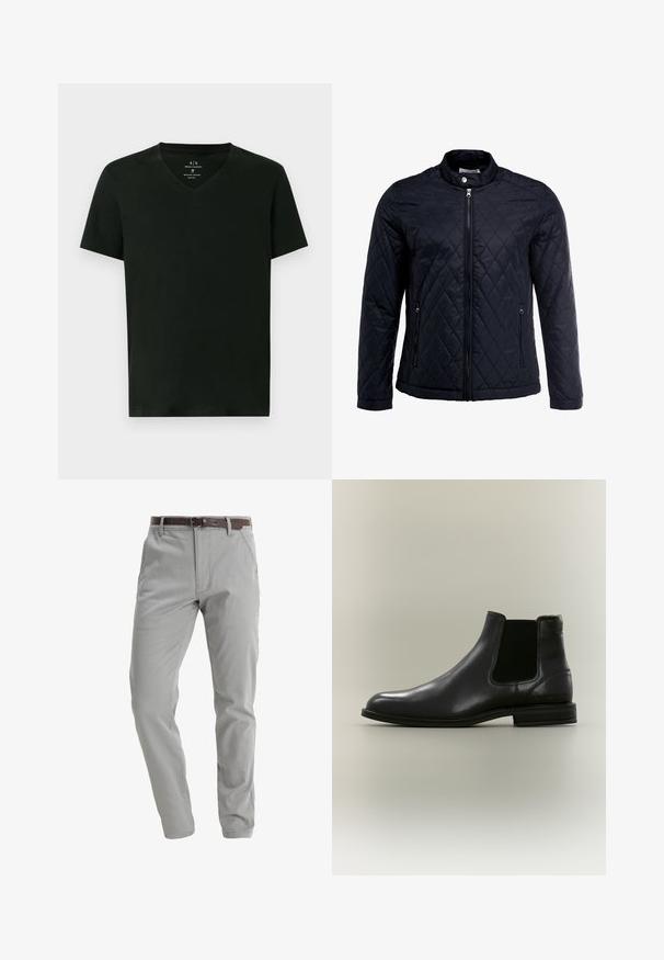 Schwarze gesteppte Jacke mit Stehkragen, durchgehendem Reißverschluss und zwei Seitentaschen. Hergestellt aus glattem, leichtem Stoff mit einem Diamantmuster.; Schwarzes Armani Exchange Herren Baumwoll-T-Shirt mit kurzen Ärmeln und V-Ausschnitt, Größe M, flach auf weißem Hintergrund präsentiert.; Helle graue Hose aus weichem Stoff, mit geradem Bein-Design, vorderen Taschen und einem braunen Ledergürtel zum Verschließen.; Schwarzer Leder-Chelsea-Stiefel mit elastischem Seitenpanel und niedrigem Absatz, von der Außenseite auf neutralem Hintergrund gezeigt.