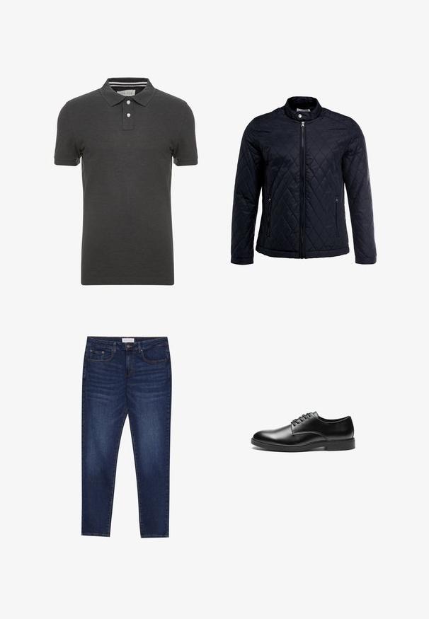 Veste noire matelassée avec col montant, fermeture éclair sur toute la longueur et deux poches latérales. Fabriquée en tissu lisse et léger avec un motif en losanges.; Polo shirt gris foncé à manches courtes, col polo et patte de boutonnage à trois boutons. Présente un détail rayé subtil à l'intérieur du col.; Jean slim-fit bleu foncé avec cinq poches, fermeture à bouton et couture contrastante, étiqueté Pier One à la taille.; Chaussure habillée en cuir noir avec une finition lisse, bout arrondi, design à lacets à six œillets et semelle plate en caoutchouc.