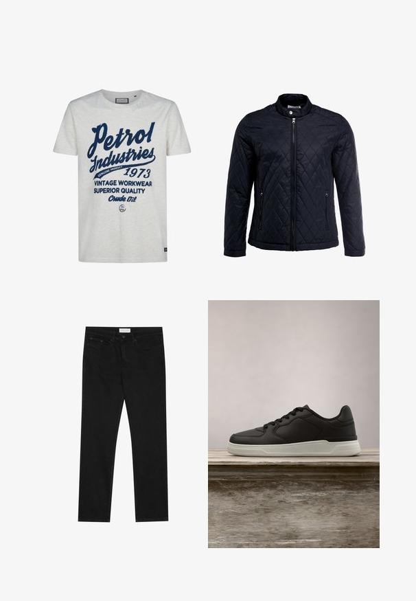 Schwarze gesteppte Jacke mit Stehkragen, durchgehendem Reißverschluss und zwei Seitentaschen. Hergestellt aus glattem, leichtem Stoff mit einem Diamantmuster.; Weißes T-Shirt mit kurzen Ärmeln, das mit navyblauer Schrift bedruckt ist. Das Design umfasst "Petrol Industries", "1973" und Akzente wie "Echtes Produkt".; Schwarze gerade Jeans mit Fünf-Taschen-Design, Knopf- und Reißverschluss, und einem Pier One-Label am Bund.; Schwarzer Sneaker mit weißer Sohle, der über einer hölzernen Bank schwebt, mit grünen Blättern im unscharfen Hintergrund.