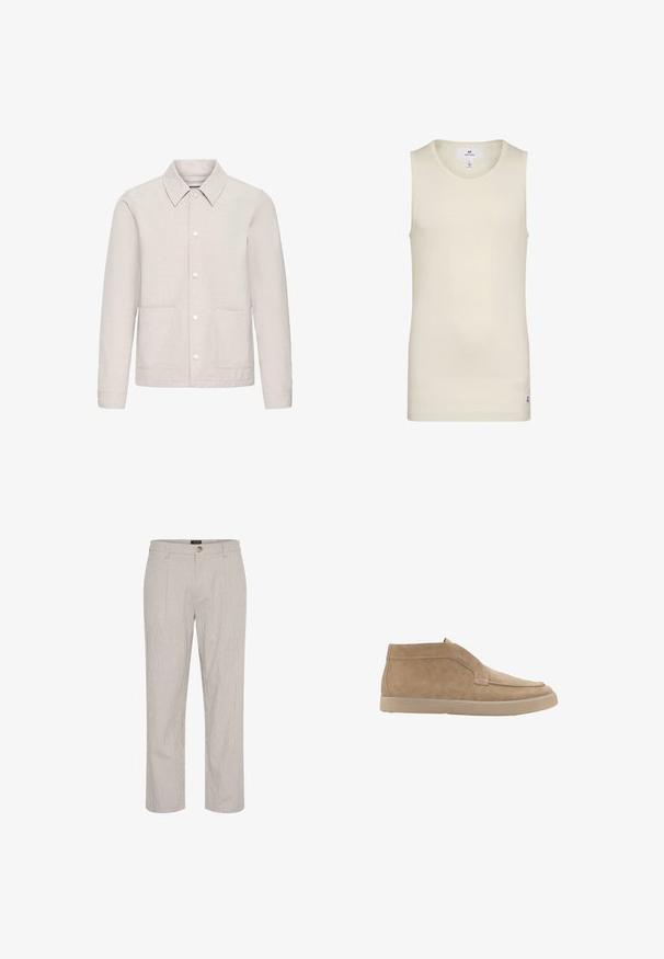 Beige afslappet jakke med spids krave, knaplukning, lange ærmer og to påsyede lommer foran, vist på en hvid baggrund.; Lys beige sansærmet top lavet af ribbet stof med rund halsudskæring og et lille label ved kanten. Enkel og tætsiddende design.; Lys grå stribede bukser, lige pasform, med en enkelt knaplukning i taljen og to frontlommer. Glat tekstur.; Bege ruskind ankelstøvler med et minimalistisk design, elastisk sidelæder, quiltede detaljer og en let gummisål.