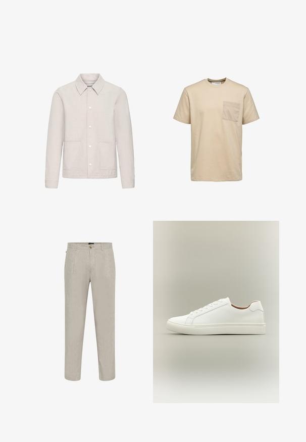 Chaqueta casual beige con cuello puntiagudo, cierre de botones, mangas largas y dos bolsillos frontales con parche, mostrada sobre un fondo blanco.; Camiseta de algodón beige con cuello redondo, mangas cortas y bolsillo en el pecho. Textura suave y diseño sencillo, adecuada para uso casual.; Pantalones de lino beige con un acabado texturizado, que cuentan con un diseño de pierna recta, dos bolsillos frontales y un cierre de botón en la cintura.; Zapatilla blanca de corte bajo con cierre de cordones y suela plana, mostrada de perfil sobre un fondo neutro.