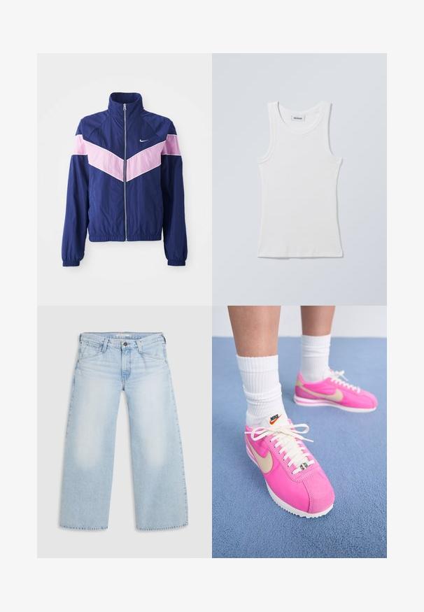 Navy sinapu säärjakk ku pinkide chevron-ribadega, lukuga ees, seisva kraega ja elastsete mansettidega. Kerge, sile materjal. Nike logo rinnal.; Valkoinen puuvillainen hihaton paita, jossa pyöreä pääntie ja leveät olkaimet. Ominaisuuksina ribbineulos ja suora helma. Kylttimerkki näkyvissä pääntiessä.; Vaaleansiniset, leveät farkut, jotka on valmistettu denimistä. Ominaisuuksiin kuuluu suoraleikkauksen malli, viisi taskua ja nappisuljenta vyötäröllä.; Vaaleanpunaiset Nike-urheilukengät, joissa on mokka- ja kangaspinta, valkoiset nauhat ja kultainen swoosh-logo; valkoinen kumipohja; käytetään valkoisten resorikankaisien sukkien kanssa.