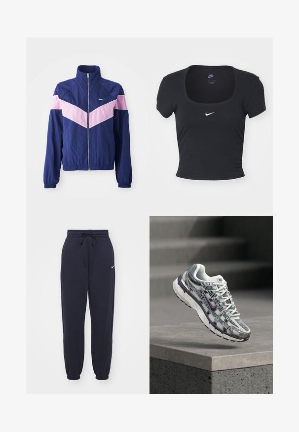 Cazadora ligera de estilo navy con rayas en chevron rosa, cierre de cremallera al frente, cuello alto y puños elásticos. Fabricada en tejido suave. Logo de Nike en el pecho.; Nike Sportswear Camiseta básica - black; Pantalones de chándal Nike en azul marino, hechos de un material suave. Cuenta con una cintura elástica con cordón y tobillos ajustados. Pequeño acento con el logo blanco.; Zapatilla Nike blanca y gris con detalles en púrpura, flotando sobre un saliente de hormigón con escaleras desenfocadas en el fondo.