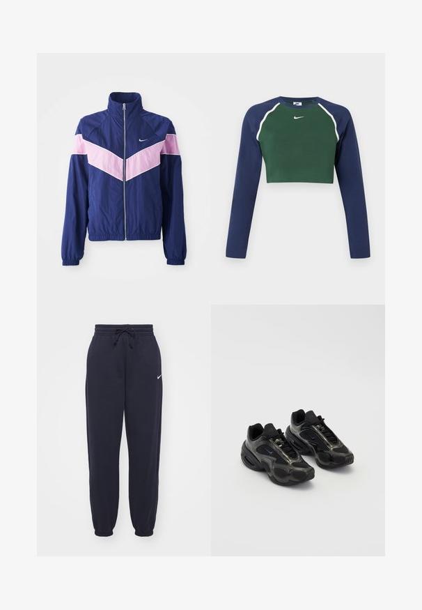 Marineblå vindjakke med pink chevron-striber, lynlås foran, stående krave og elastiske manchetter. Letvægts, glat stof. Nike-logo på brystet.; Langærmet cropped sweatshirt med mørkegrøn front, marineblå ærmer, hvid piping og hvid Nike swoosh logo på brystet.; Nike joggingbukser i navyblå, lavet af blødt materiale. Har en elastisk talje med snor og manchetter ved anklerne. Lille hvidt logo accenter.; Sorte sportssko lavet af syntetisk materiale med mesh-detaljer og afrundede såler. Har snørresystem og fremtrædende Nike-logo på tungen.