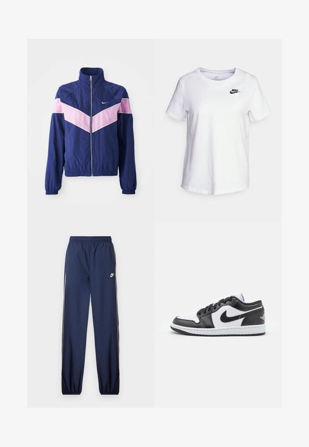 Navy Windbreaker-Jacke mit pinken Chevron-Streifen, Reißverschluss vorne, Stehkragen und elastischen Bündchen. Leichtes, glattes Material. Nike-Logo auf der Brust.; Weißes Baumwoll-T-Shirt mit Rundhalsausschnitt und kurzen Ärmeln. Mit einem schwarzen Nike-Logo auf der oberen linken Brustseite.; Navyblaue Nike-Sporthose mit elastischem Bund, weißen Seitenstreifen und kleinem Logo am linken Oberschenkel. Strukturierter Stoff, schmal zulaufende Bündchen.; Schwarz-weiße Nike Low-Top-Sneaker verfügen über ein glattes Leder-Obermaterial, eine runde Zehenpartie, eine Schnürung und eine gemusterte Gummisohle.