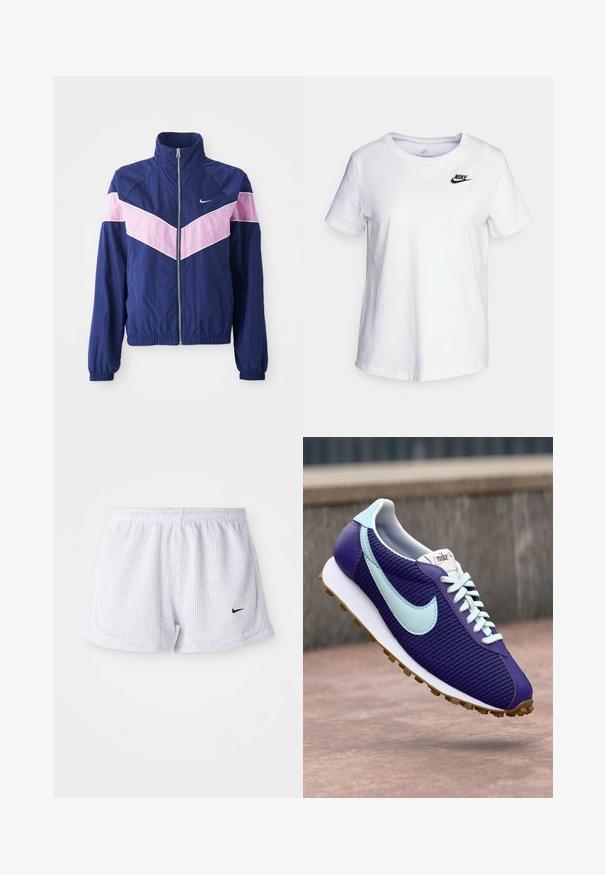 Cazadora ligera de estilo navy con rayas en chevron rosa, cierre de cremallera al frente, cuello alto y puños elásticos. Fabricada en tejido suave. Logo de Nike en el pecho.; Camiseta de algodón blanca con cuello redondo y mangas cortas. Presenta un logotipo negro de Nike en la parte superior izquierda del pecho.; Bermudas deportivas blancas con costillas, cinturilla elástica y pequeño logo negro de Nike en la parte inferior izquierda. Diseño simple y minimalista.; Zapatilla Nike morada con swoosh azul claro, cordones blancos y suela de goma, mostrada flotando sobre una superficie de concreto al aire libre.