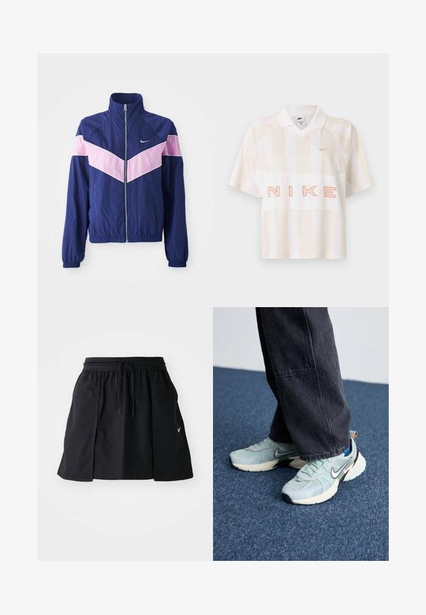 Marineblå vindjakke med pink chevron-striber, lynlås foran, stående krave og elastiske manchetter. Letvægts, glat stof. Nike-logo på brystet.; Hvid og beige stribet kortærmet Nike polo med krave, lille swoosh-logo på brystet og stor kontureret "NIKE" tekst foran.; Sort sportskørt med elastisk talje og justerbar snor. Har sideslids, letvægtsstof og et lille logo på kanten.; Lyseblå mesh Nike sneakers med struktureret finish, sort swoosh og cremefarvet mellemsål, parret med mørkegrå vide bukser.