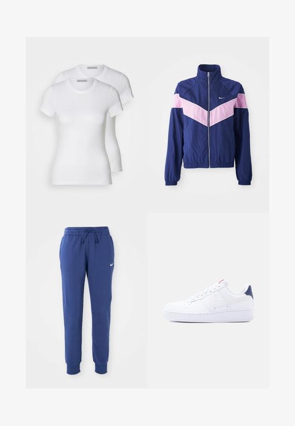 Navy Windbreaker-Jacke mit pinken Chevron-Streifen, Reißverschluss vorne, Stehkragen und elastischen Bündchen. Leichtes, glattes Material. Nike-Logo auf der Brust.; Zwei weiße Baumwoll-T-Shirts mit kurzen Ärmeln, Rundhalsausschnitten und einer engen Passform, die eine glatte Textur und ein minimalistisches Design aufweisen.; Blaue Nike-Sweatpants mit elastischem Bund, Kordelzug, Bündchen an den Knöcheln und weißem Nike-Swoosh-Logo am linken Oberschenkel.; Weißer Sneaker mit niedrigem Schaft, Perforationen an der Spitze, weißen Schnürsenkeln, einem weißen Swoosh-Logo und einer dunkelblauen Fersenschlaufe.