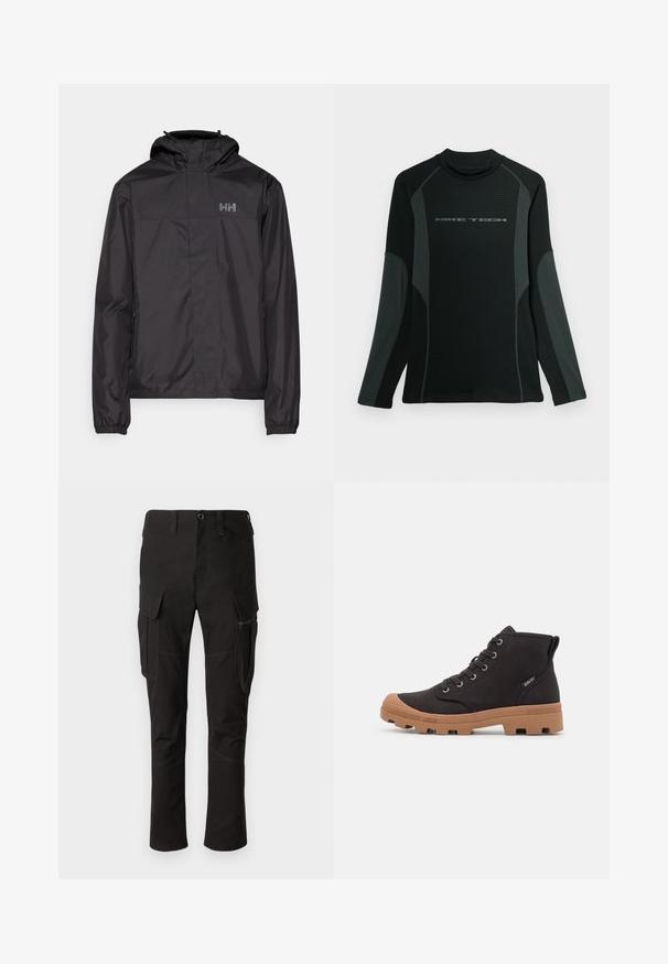 Helly Hansen VANCOUVER FLEECE LINED JACKET - Veste imperméable - black; Chemise noire à manches longues avec col haut, fabriquée en tissu texturé. Présente des panneaux latéraux gris et le logo "NIKE TECH" sur la poitrine.; Pantalon cargo noir avec plusieurs poches, poche latérale zippée et couture renforcée, présentant un design à jambe droite et un tissu durable.; Bottes de cheville en toile noire avec semelles en caoutchouc marron, dotées d'œillets en métal, d'un design à lacets et d'une surface texturée.