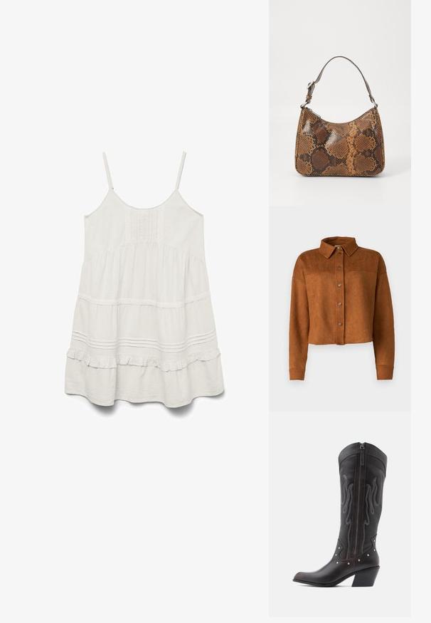 Veste chemise en faux suède brun, raccourcie, avec un col, une fermeture à boutons et des manches longues. Présente des pressions en métal mat à l'avant.; Robe blanche sans manches avec bretelles réglables, tissu texturé, bordures froncées et design en couches avec des accents en dentelle le long des coutures.; Bottes de cowboy en cuir marron avec surpiqûres en forme de flammes, fermeture éclair latérale, clous argentés, bout pointu et talon superposé.; Petit sac à main avec un motif en peau de serpent marron et noir, courroie courte et ajustable, et fermeture éclair.