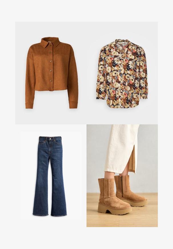 Veste chemise en faux suède brun, raccourcie, avec un col, une fermeture à boutons et des manches longues. Présente des pressions en métal mat à l'avant.; TOM TAILOR WITH FRILL EDGE - Blouse - beige floral design; Jeans en denim bleu foncé taille haute avec jambes évasées, fermeture à boutons et zip à l'avant, et conception à cinq poches.; Bottines en daim marron avec une semelle plateforme épaisse, fermeture éclair sur le côté et détails de couture verticaux, associées à une jupe couleur crème.