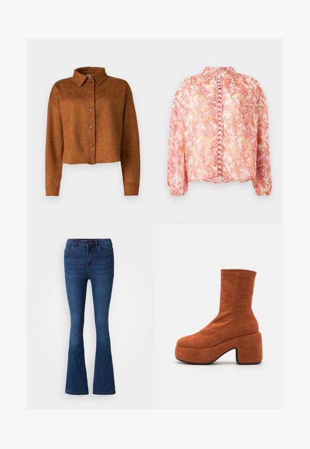 Beskyttet brun imitation suede skjortejakke med krave, knaplukning og lange ærmer. Har matte metalknapper foran.; Gennemsigtig lyserød bluse med blomsterlignende mønstre i rød og guld, rund krave, foran knaplukning, elastiske ærmer og lige kant.; Mørkeblå denim flare jeans med for- og baglommer, knap- og lynlåslukning samt slidte detaljer på lår og knæ.; Brune ruskind ankelstøvler med blokhæl og platformssål. Overdelen har en glat tekstur og syninger, der strækker sig til midten af læggen.