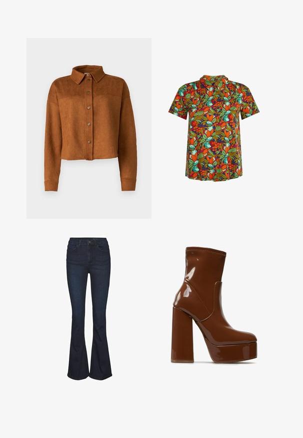 Veste chemise en faux suède brun, raccourcie, avec un col, une fermeture à boutons et des manches longues. Présente des pressions en métal mat à l'avant.; Chemise à manches courtes boutonnée avec un motif vibrant de fruits orange, verts et bleu sarcelle sur fond sombre.; Jean en denim bleu foncé évasé avec une taille haute, doté de cinq poches et de détails de couture subtils. Texture lisse avec un design classique.; Bottine plateforme en cuir verni marron avec talon carré et bout arrondi, présentant une hauteur mi-mollet et une finition lisse et brillante.