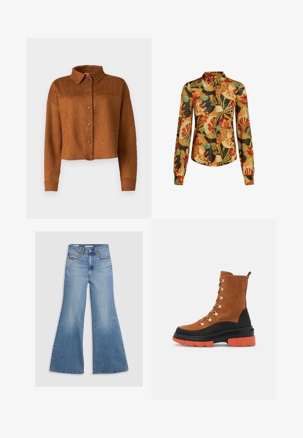 Beskyttet brun imitation suede skjortejakke med krave, knaplukning og lange ærmer. Har matte metalknapper foran.; Langærmet skjorte med et livligt blomstermønster i orange, rød og teal mod en sort og tan baggrund, med en knap-op design.; Lysvasket denim flared jeans med høj talje, frontlommer og bronze hardware. Stoffet har en falmet tekstur med en glat finish.; Brune ruskind ankelstøvler har guld hardware, en sort og orange chunky sål, samt et snørebåndsdesign med en bageste løftestrop.