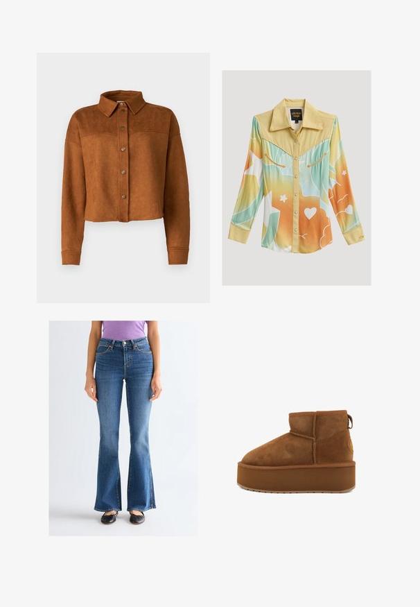 Veste chemise en faux suède brun, raccourcie, avec un col, une fermeture à boutons et des manches longues. Présente des pressions en métal mat à l'avant.; Chemise western à manches longues avec empiècement jaune, dégradé pastel bleu, orange et blanc, boutons-pression et surpiqûres décoratives en forme de flèche sur les poches poitrine.; Femme portant un jean bootcut bleu taille haute, des ballerines noires et un t-shirt violet à manches courtes, debout devant un fond clair uni.; Bottines en suede marron avec un bout rond et une semelle plateforme. Présente un petit talon et une lanière pour un enfilage facile. Surface texturée avec des détails de couture.
