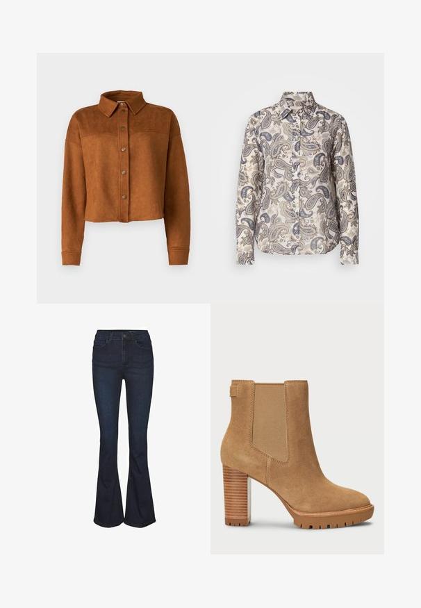 Beskyttet brun imitation suede skjortejakke med krave, knaplukning og lange ærmer. Har matte metalknapper foran.; Langærmet skjorte i let stof med et beige og blåt paisley-mønster, klassisk krave og knaplukning foran.; Mørkeblå jeans i denim med vidde og højtaljet, der har fem lommer og diskrete syningdetaljer. Glat tekstur med et klassisk design.; Tan ruskindsankelstøvle med blokhæl, elastisk sidepanel og gummisål med et mønster for bedre greb.