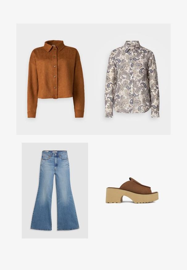 Beskyttet brun imitation suede skjortejakke med krave, knaplukning og lange ærmer. Har matte metalknapper foran.; Langærmet skjorte i let stof med et beige og blåt paisley-mønster, klassisk krave og knaplukning foran.; Lysvasket denim flared jeans med høj talje, frontlommer og bronze hardware. Stoffet har en falmet tekstur med en glat finish.; Brun slip-on mule med syninger på overdelen og chunky beige plateauhæl, sidevisning på hvid baggrund.