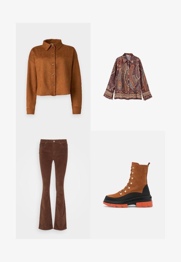 Beskyttet brun imitation suede skjortejakke med krave, knaplukning og lange ærmer. Har matte metalknapper foran.; Langærmet skjorte med knapper og bred krave, med et detaljeret paisley mønster i brune, orange, blå og beige toner.; Brune fløjl flared jeans med en glat overflade, fem lommer og en enkelt metalknap i taljen.; Brune ruskind ankelstøvler har guld hardware, en sort og orange chunky sål, samt et snørebåndsdesign med en bageste løftestrop.