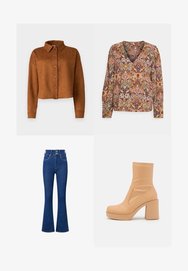 Beskyttet brun imitation suede skjortejakke med krave, knaplukning og lange ærmer. Har matte metalknapper foran.; Bluse med lange ærmer og dyb V-udskæring, lavet af struktureret stof med intrikate paisley-mønstre i orange, lilla og cremefarvede nuancer.; Højtaljede flared jeans i mørkeblåt denim. Har to-knaps lukning, forlommer og subtile syninger langs sømme.; Even&Odd by Zalando Højhælede støvletter - beige
