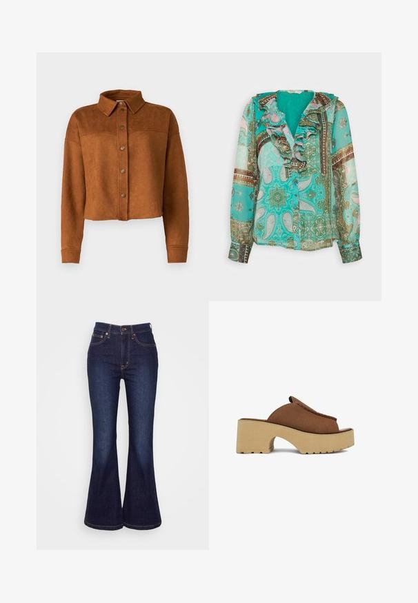 Beskyttet brun imitation suede skjortejakke med krave, knaplukning og lange ærmer. Har matte metalknapper foran.; ONLY ONLSTELLA FRILL - Bluse - electric green; Mørkeblå flagrende jeans lavet af denim; har høj talje, frontlukning med knap og diskret syning langs lommer og sømme.; Brun slip-on mule med syninger på overdelen og chunky beige plateauhæl, sidevisning på hvid baggrund.