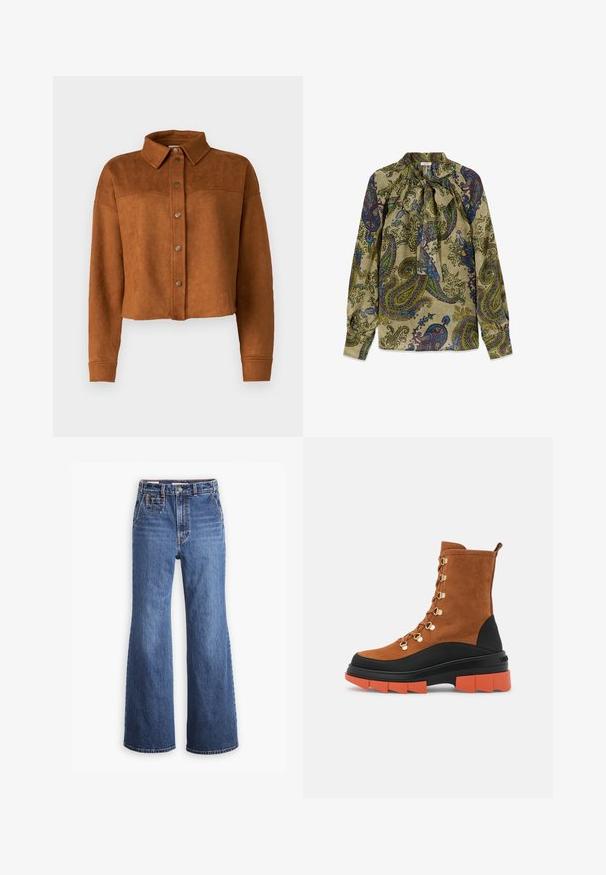 Beskyttet brun imitation suede skjortejakke med krave, knaplukning og lange ærmer. Har matte metalknapper foran.; Langærmet bluse med grøn bund og flerfarvet paisley-mønster, med høj hals, der er bundet med en sløjfe foran.; Højtaljede blå denimjeans med bred ben-design, som har en frontlomme, messingknaplukning og kontrastsyninger.; Brune ruskind ankelstøvler har guld hardware, en sort og orange chunky sål, samt et snørebåndsdesign med en bageste løftestrop.