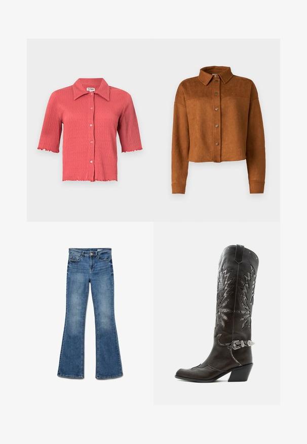Beskyttet brun imitation suede skjortejakke med krave, knaplukning og lange ærmer. Har matte metalknapper foran.; Kortærmet, ribbet bluse i koralrød med spids krave, knaplukning foran og bølgede kanter ved ærmer og kant. Letvægtig tekstur.; Udbredte blå denim jeans med en mellemhøj talje, der har en ren finish, en falmet tekstur og et traditionelt fem-lomme design.; Sort læder cowboystøvle med dekorative udskæringer, sølvspænde og skrå hæl, vist på hvid baggrund.