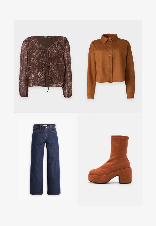 Veste chemise en faux suède brun, raccourcie, avec un col, une fermeture à boutons et des manches longues. Présente des pressions en métal mat à l'avant.; Blouse marron à motif avec des manches longues élastiques, encolure en V et détail de nœud à l'avant. Présente des motifs floraux et paisley dans des couleurs douces.; Jeans en denim bleu marine avec taille haute, coupe large et broderies orange discrètes. Comprend une fermeture par bouton et zip à l'avant.; Bottes chelsea en daim marron avec un talon bloc et une semelle plateforme. L'empeigne présente une texture lisse et des détails de coutures, s'étendant jusqu'au milieu du mollet.