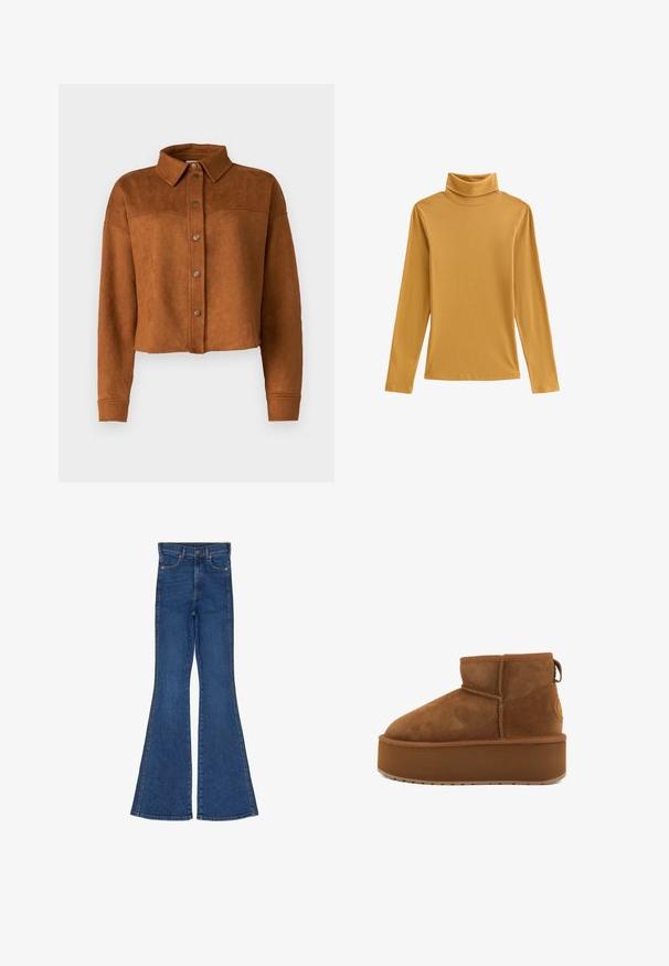 Beskyttet brun imitation suede skjortejakke med krave, knaplukning og lange ærmer. Har matte metalknapper foran.; Sennepsgul turtleneck top af ribstrikket stof med lange ærmer og en tætsiddende pasform. Glat tekstur med høj hals.; Udsvingende blå denim jeans med høj talje, kontrasterende syninger, fem lommer og metal hardware. Benene bredner fra knæet og ned.; Brune ruskindsankelstøvle med en rund tå og en platformsål. Har en lille hæl og en løkke for nem påtagning. Tekstureret overflade med syningsdetaljer.
