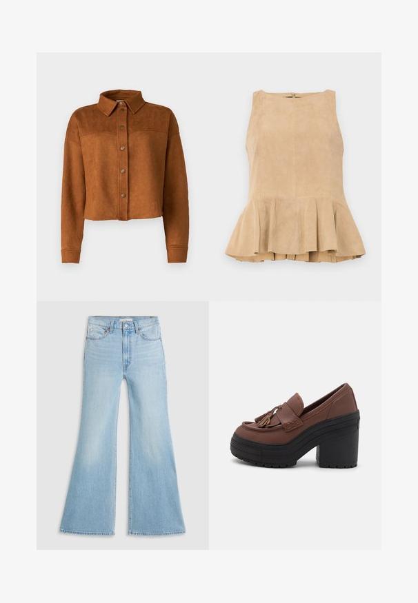 Veste chemise en faux suède brun, raccourcie, avec un col, une fermeture à boutons et des manches longues. Présente des pressions en métal mat à l'avant.; Top sans manches en daim beige avec un ourlet évasé, doté d'une fermeture éclair à l'arrière, d'une surface texturée et d'un léger éclat.; Jeans évasés bleu clair à taille haute, en denim. Présentent un design classique à cinq poches et un ourlet brut aux poignets.; Mocassins en cuir marron avec un bout arrondi, des accents à pampilles, des détails cousus, et un épais talon en caoutchouc noir avec une semelle texturée.