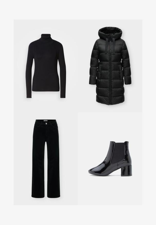 Sort lang vinterjakke med hætte, lynlås foran og to sidelommer, designet til koldt vejr.; Sort ribbet rullekravesweater med lange ærmer. Fremstillet af strikmateriale med en tætsiddende design. Glat tekstur og høj halsdetalje.; Sorte fløjlsbukser med høj talje, vide ben, forreste knap og sidelommer, vist på en ensfarvet lys baggrund.; Sorte laklæder ankelstøvler med spids tå, elastiske sidelapper og en chunky hæl, der har en glat, blank overflade.