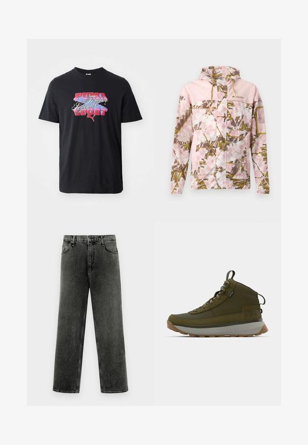 Lyserød Columbia hættejakke med blomster- og bladkamuflage mønster, lynlås foran og lommer, elastiske manchetter og logo på brystet.; Sort kortærmet t-shirt lavet af bomuld, med et farverigt grafisk print med teksten "PUMA Forever Legends SPORT."; Sort vaskede straight-leg denimjeans med frontlommer, bæltestropper og knaplukning på en hvid baggrund.; Vandrestøvler i olivengrøn med en struktureret ruskinds-overdel, grå mellemsål, robust ydersål og reflekterende snørebånd for øget synlighed.