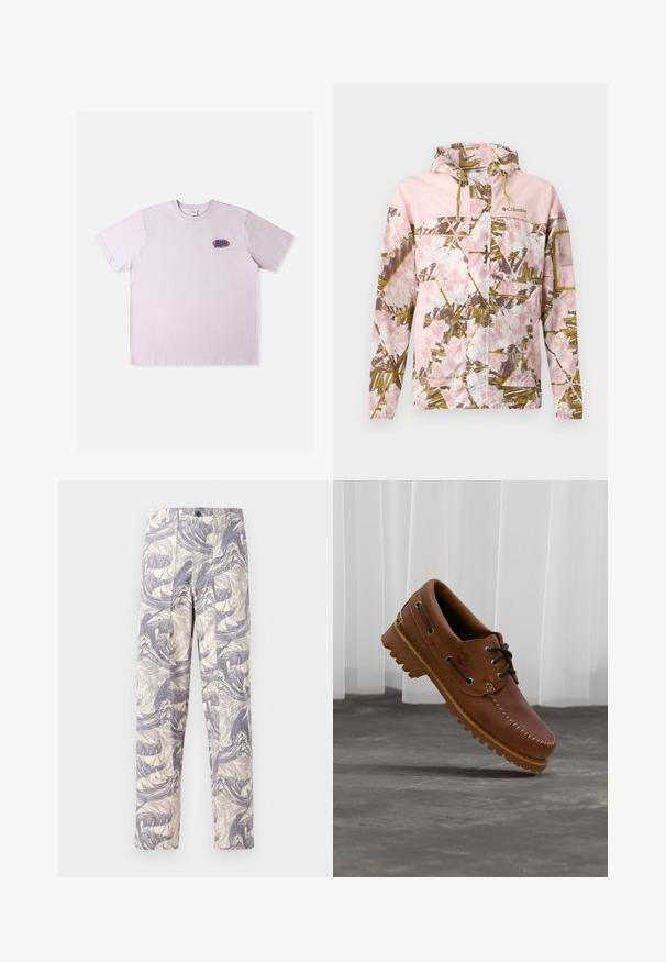 Hellrosa Columbia-Kapuzensweatshirt mit floralen und blattförmigen Tarnmuster, Reißverschluss vorne, Taschen, elastischen Bündchen und Logo auf der Brust.; Rosa Baumwoll-T-Shirt mit kurzen Ärmeln, das ein kleines mehrfarbiges Logo auf der linken Brustpartie zeigt. Einfaches, legeres Design.; Leichte, cremefarbene Hose mit einem blauen abstrakten Wellenmuster. Sie hat eine gerade Passform, zwei Frontfalten und einen Knopfverschluss.; Brauner Leder-Bootsschuh mit schwarzen Schnürsenkeln, beigen Nähten und einer robusten Sohle, schwebt über einem grauen Betonboden.