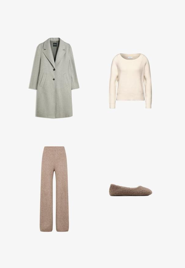 Manteau en laine gris clair avec revers en pointe, deux poches avant et fermeture à double bouton. Le tissu a une texture douce.; Pull blanc texturé avec un large col rond et des manches longues. Il possède des poignets et un ourlet côtelés, fabriqué dans un matériau doux et léger.; Pantalons larges en tricot de couleur marron clair avec une taille et des poignets côtelés, présentant un tissu doux et texturé. Pas de poches visibles.; Ballet flat marron doublé en polaire avec un bout rond. Texture douce et design sans coutures, offrant une silhouette discrète. Pas de quincaillerie visible.