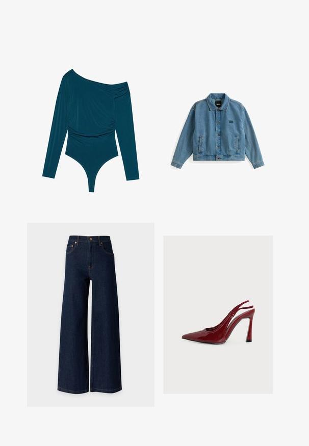 Lichtblauwe denimjas met een knoopsluiting aan de voorkant, twee zijzakken en een groen geborduurd logo op de linkerborst. Klassiek kraagontwerp.; Teal lang-van-mouw bodysuit met een schouderontwerp, gerimpelde textuur aan één kant en een gladde afwerking. Beschikt over een slipcut aan de onderkant.; Donkerblauwe wijde spijkerbroek met vijf zakken en koperen klinknageldetails op een effen lichte achtergrond.; Rode hooggehakte slingback schoen van lakleer met spitse neus en stilettohak, in profiel weergegeven op een effen witte achtergrond.