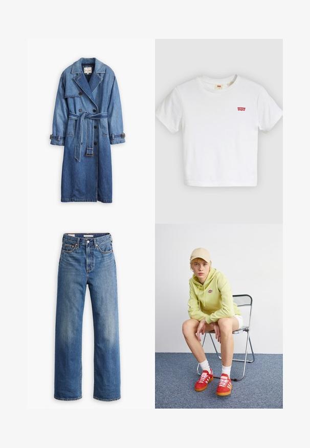 Gabardina de mezclilla en azul medio con diseño cruzado, cintura con cinturón, cuello con muesca y puños abotonados.; Camiseta blanca de manga corta con cuello redondo y pequeño logo rojo de Levi's en el pecho izquierdo.; Vaqueros de mezclilla azul claro con cintura alta, diseño de pierna ancha, estilo clásico de cinco bolsillos y un sutil desgaste en la tela.; Sudadera verde claro con logo, pantalones cortos blancos, zapatillas rojas con rayas blancas, sentado en una silla plegable de cromo contra un fondo neutral.