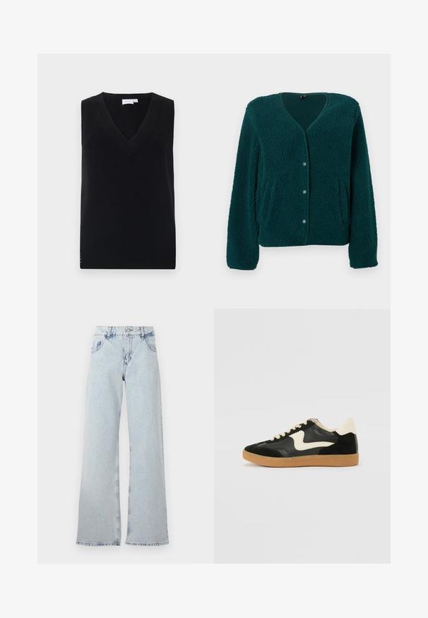 Grüne Fleece-Strickjacke mit V-Ausschnitt, fünf Knöpfen, zwei Seitentaschen und strukturierter Stoffoberfläche. Weiches, gemütliches Material mit entspannter Passform.; Schwarzer ärmelloser Strickpullover mit tiefem V-Ausschnitt, ausgestattet mit einer gerippten Textur und dezenten seitlichen Akzenten. Klassisches Design mit geradem Schnitt.; Hellblaue weite Jeans aus Denim, mit hoher Taille, Gürtelschlaufen, fünf Taschen und ausgebleichten Bereichen für einen Vintage-Look.; Schwarze Wildleder- und Leder-Sneaker mit einem cremefarbenen Seiten-Swoosh und einer hellcremefarbenen Ferse. Ausgestattet mit beige Schnürsenkeln und einer Gummilaufsohle.