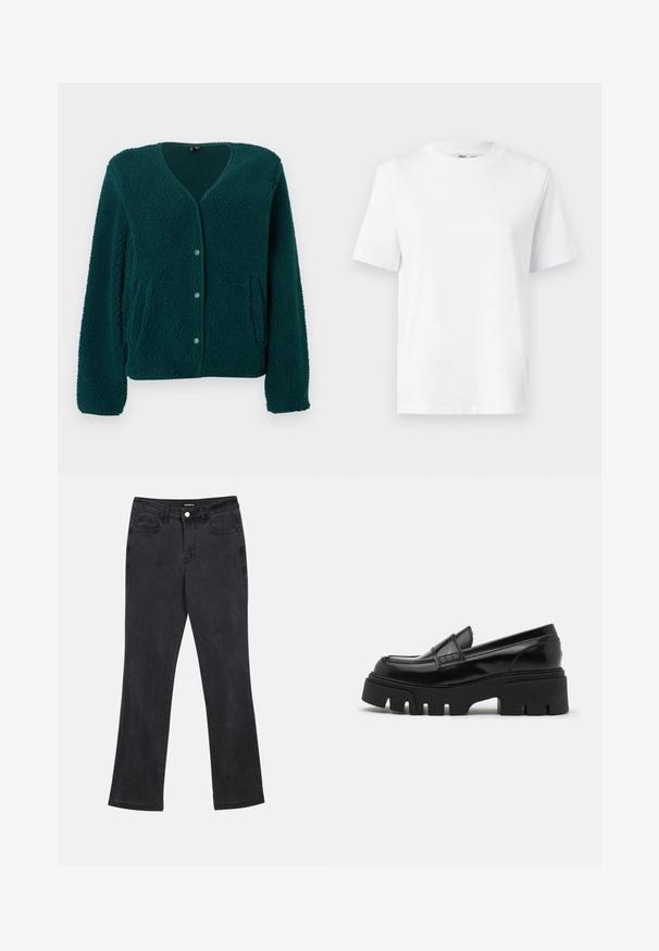 Grüne Fleece-Strickjacke mit V-Ausschnitt, fünf Knöpfen, zwei Seitentaschen und strukturierter Stoffoberfläche. Weiches, gemütliches Material mit entspannter Passform.; Weißes Baumwoll-T-Shirt mit Rundhalsausschnitt, kurzärmlig und mit glatter Textur. Entworfen mit einer lockeren Passform für Komfort und Vielseitigkeit.; Schwarze gerade geschnittene Jeans mit Vorder- und Gesäßtaschen, Gürtelschlaufen und einem Knopfverschluss an der Taille.; Schwarze Lederloafer mit einer massiven, strukturierten Plateausohle und einem dekorativen Riemen über dem Obermaterial. Glatte, glänzende Oberfläche.