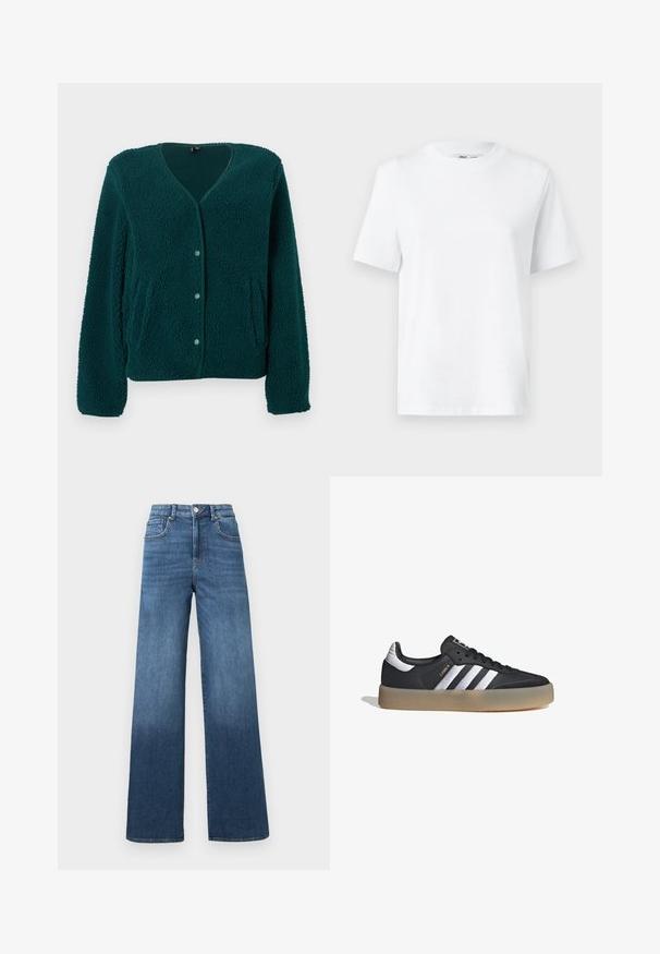 Chaqueta de forro polar verde con cuello en V, cinco botones, dos bolsillos laterales y tejido texturizado. Material suave y acogedor con un ajuste relajado.; Camiseta de algodón blanca de cuello redondo con mangas cortas y una textura suave. Diseñada con un ajuste relajado para mayor comodidad y versatilidad.; Vaqueros de pierna ancha en azul medio con un efecto de aclarado gradual hacia el dobladillo, presentando un cierre estándar de botón y cremallera.; Zapatilla deportiva de cuero negro con tres rayas plateadas, punta texturizada y suela de goma. Cuenta con un collar acolchado y un diseño con cordones.