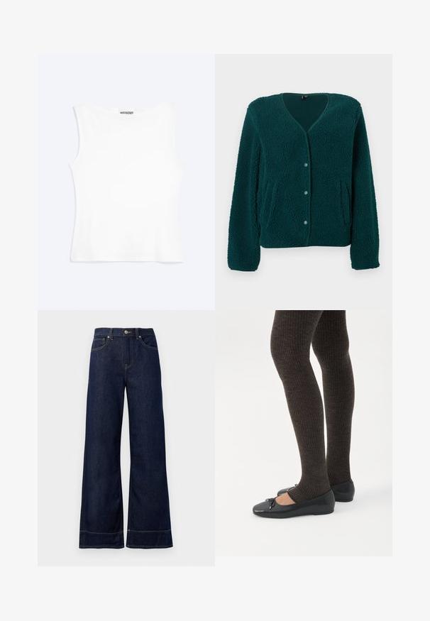 Green fleece cardigan with a V-neck, five buttons, two side pockets, and textured fabric. Soft, cozy material with a relaxed fit.; White sleeveless fitted tank top with a round neckline and minimal design, labeled "WEEKDAY" inside the collar.; Dark blue wide-leg jeans made from denim. Features a button closure, stitching details, and side pockets. Flared bottom hem.; Legs wearing dark ribbed leggings paired with black ballet flats featuring small bow details on a white background.