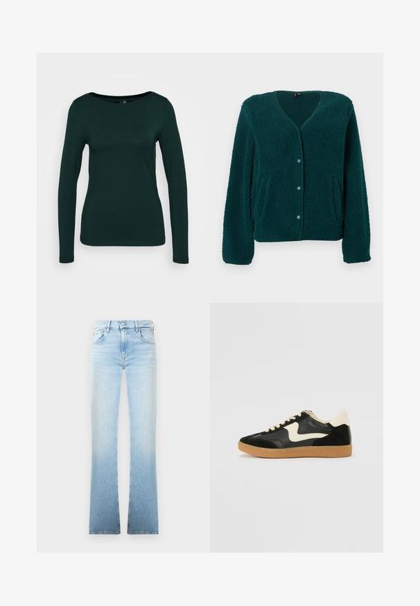 Zelený fleece sveter na zapínanie s výstrihom do V, piatimi gombíkmi, dvoma bočnými vreckami a textúrovanou tkaninou. Mäkký, pohodlný materiál s voľným strihom.; Dlhý rukáv top v tmavozelenej farbe, vyrobený z mäkkej textílie. Má okrúhly výstrih a priliehavý strih s bezšvovými okrajmi. Minimalistický štýl.; Svetlomodré riflové nohavice s rozšírenými nohavicami a postupným farebným prechodom, dizajn s piatimi vreckami a zapínaním na gombík v páse. Hladká textúra a čisté línie.; Čierne semišové a kožené tenisky s krémovým bočným prešívaním a svetlo krémovou pätou. Obsahujú béžové šnúrky a podošvu z gumeného kaučuku.