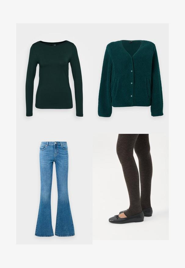 Chaqueta de forro polar verde con cuello en V, cinco botones, dos bolsillos laterales y tejido texturizado. Material suave y acogedor con un ajuste relajado.; Parte superior de manga larga en verde oscuro, fabricada con tela suave. Presenta un escote redondo y un diseño ajustado con bordes sin costuras. Estilo minimalista.; Jeans de mezclilla azul acampanados con una cintura de media altura, que cuentan con cinco bolsillos, un cierre de botón estándar y un ligero desgastado para dar textura.; Piernas con leggings oscuros acanalados combinados con bailarinas negras que presentan pequeños detalles de lazo sobre un fondo blanco.