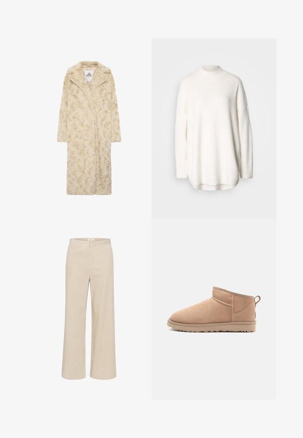 Lang beige faux pelsfrakke med et struktureret mønster, hakkede revers og åben front. Har lange ærmer og knælængde design.; Hvid strikket sweater med ribstrikket høj hals, sænkede skuldre og sideslidser ved kanten. Fremstillet af blødt, struktureret stof.; Beige buks med brede ben i velour, der har en subtil ribbet tekstur, bæltestropper, frontlynlås og to sidelommer.; Brune ruskindsankelstøvle med en rund tå, blød tekstur, enkelt design og en lavprofil gummisål. Har en trækrem bagpå.