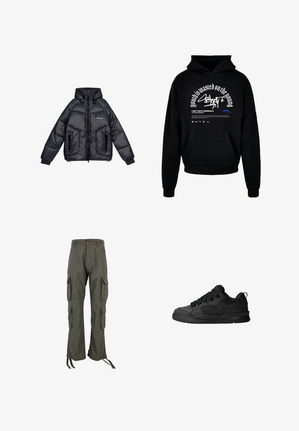 Pegador TOBY PUFFER - Winterjas - black; Zwarte hoodie met voorzak. Bevat opvallende witte tekst en grafisch ontwerp. Gemaakt van zacht materiaal, met ribgebreide manchetten en afwerking van de zoom.; Groene cargobroek van een katoenmix, met meerdere zijzakken, een relaxte pasvorm en verstelbare bandjes bij de enkels.; Zwarte sneakers met een gestructureerde bovenkant, voorzien van veters, mesh-details voor ademend vermogen, een gevoerd kraagje en een stevige zool.