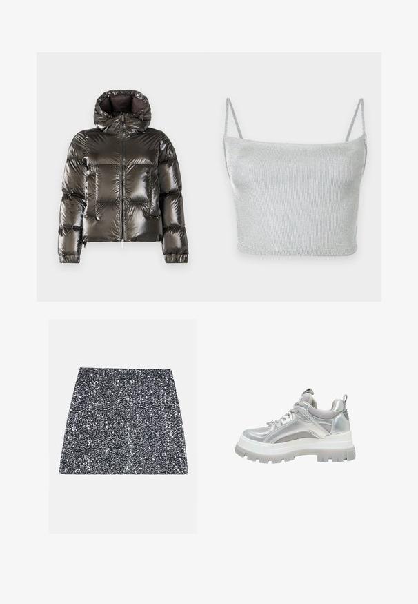 K-Way LETHILLE THERMO - Gewatteerde jas - black/olive; Zilverkleurige metallic gebreide crop top met dunne verstelbare bandjes. Strak model en gladde textuur. Geen patronen of zichtbare hardware details.; Zilveren pailletten mini rok met een textuurpatroon en een rechte snit. De stof lijkt glanzend en reflecterend.; Sneaker met chunky zool in zilver met mesh panelen, gevoerde kraag, vetersluiting en een lus bij de hiel, gezien van opzij.