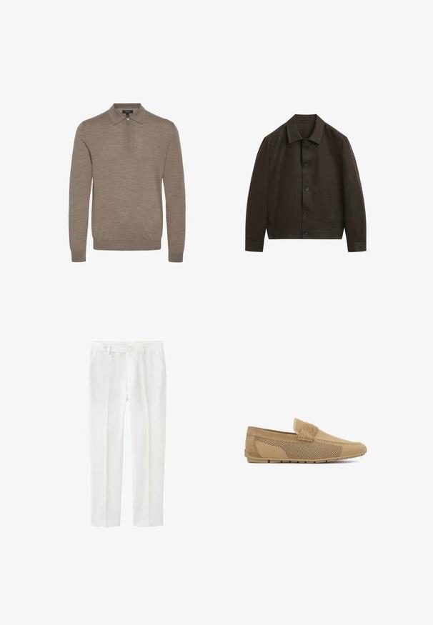 Donkerbruine jas met knopen, lange mouwen en een klassieke kraag, van voren getoond op een witte achtergrond.; Lichtbruine pullover met een ritskraag, lange mouwen en een zachte textuur, gemaakt van fijn gebreid materiaal.; Witte broek met rechte pijpen, riemlussen, knopen aan de voorkant, ritssluiting en zijzakken op een effen achtergrond.; Beige instaploaier met zijkanten van gaasstof, suèdelijsten en een platte zool, ontworpen voor casual gebruik.