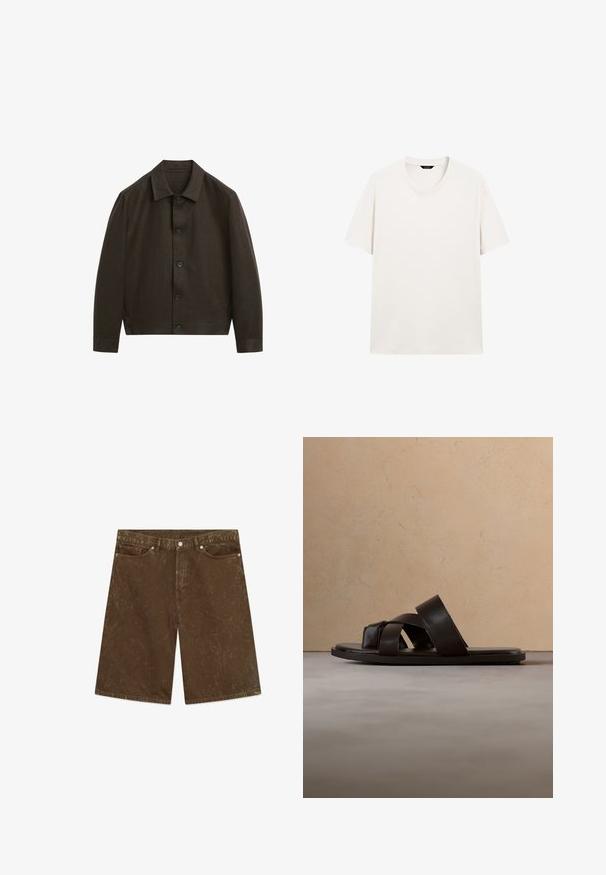 Mørkebrun knap-op jakke med lange ærmer og klassisk krave, vist forfra på en hvid baggrund.; Lys hvid kortærmet t-shirt med rund hals, vist fladt med synlig halslabel mod en hvid baggrund.; Brune denimshorts med en tekstureret finish, fem lommer, bæltestropper og knaplukning. Har subtile falmede accenter og et bredt ben-design.; Sort lædersandal med tre krydsede stropper, flad sål og glat tekstur, hængende over et vævet naturskinds tæppe.