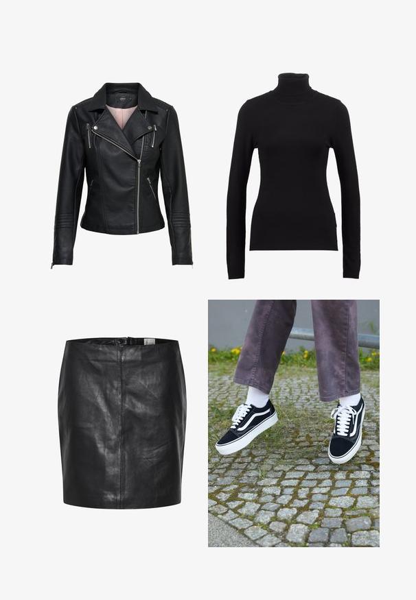 Sort læder bikerjakke med en klippet krave, asymmetrisk lynlås foran, lynlåslommer og ribbede detaljer på skuldrene og ærmerne.; Sort turtleneck sweater lavet af blød stof, med lange ærmer og en tætsiddende silhuet. Enkel design uden synlige mønstre eller dekorationer.; Sort læderskirt med en glat overflade, høj talje og lukning med knap foran. Har en slank, minimalistisk silhuet. Ingen mønstre eller accenter.; Sorte ruskinds sneakers med hvide accenter, med rund tå, tyk hvid sål og klassisk snørebåndsdesign, båret med hvide sokker og lilla bukser.